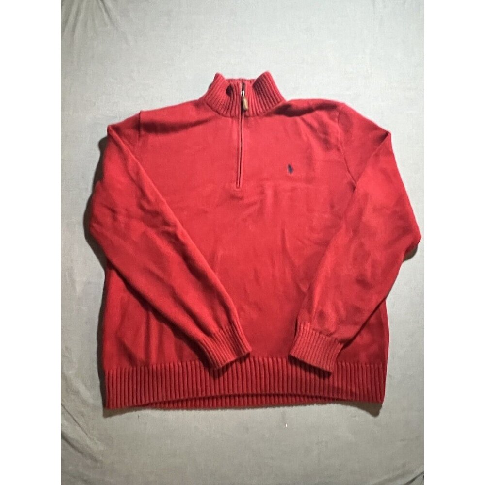 VINTAGE Polo Ralph Lauren Men Sweater XL Red Logo Embroidered 1/4 Zip Mock Neck